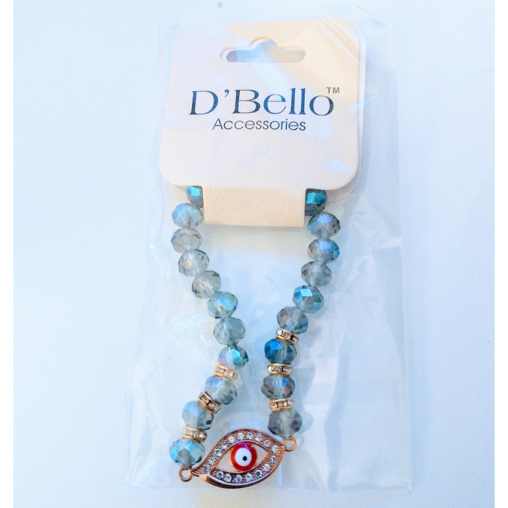 D'Bello Accessories Evil Eye Beaded Stretch Bracelet Blue Gold Tone Rhinestone